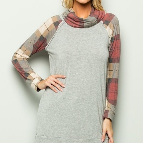 Cowl neck plaid/grey block color long sleeve top - Picture 4 of 7